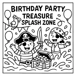 page de coloriage gratuite fête d'anniversaire pirate avec trésor et zone d'éclaboussures