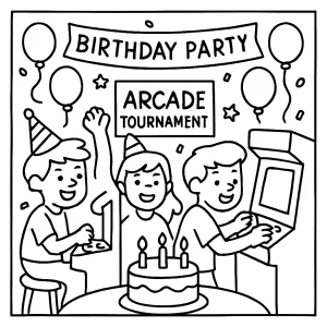 Retro arcade tournament birthday party coloring page with kids, arcade machines, balloons, and prizes