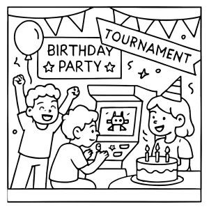 Retro arcade tournament birthday party coloring page with vintage games and kids celebrating
