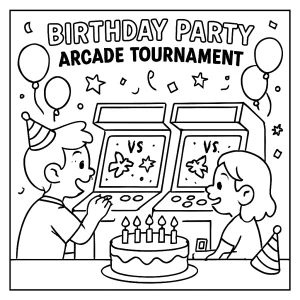Retro arcade tournament birthday coloring page with party scene and classic arcade games for kids to color