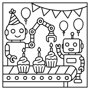Robot cupcake assembly line birthday coloring page with friendly robots decorating cupcakes, perfect for kids to color.
