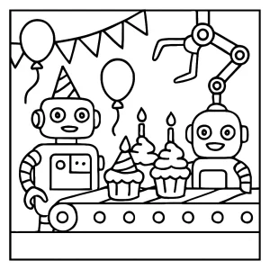 Robot cupcake assembly line birthday party coloring page for kids to print and color