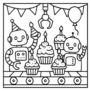 page de coloriage de robots et cupcakes pour fête d’anniversaire à imprimer gratuitement