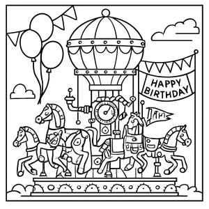 Steampunk carnival ride birthday party coloring page featuring gears, balloons, and whimsical mechanical rides.