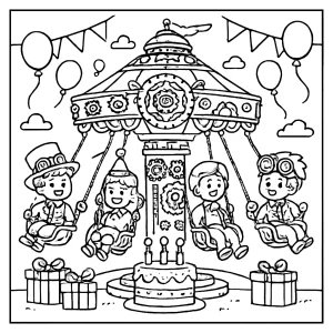Steampunk carnival ride birthday party coloring page with gears, balloons, and Victorian details