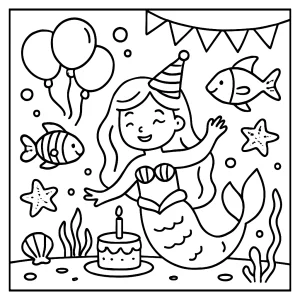 Underwater mermaid birthday gala coloring page with mermaids, sea creatures, and party decorations for kids to color.