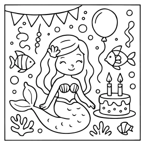 Underwater mermaid birthday gala coloring page with festive mermaids, ocean creatures, and party decorations for kids to color
