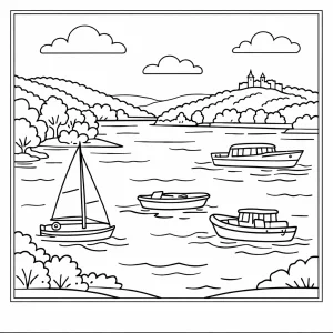 Brno Reservoir with boats and hills coloring page, relaxing landscape for kids and adults to print and color
