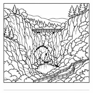 Macocha Abyss nature coloring page with cliffs and landscape in simple black and white line art, printable for free