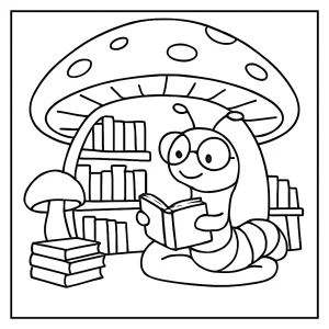 Bookworm in mushroom library coloring page for kids to print and color