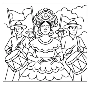 Brazilian Maracatu drum parade coloring page with musicians and dancers for kids to color