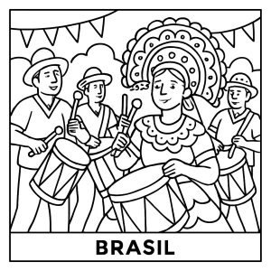 Brazilian Maracatu drum parade coloring page with musicians and dancers in traditional festival costumes