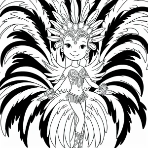 Outline of a Brazilian Carnival samba dancer in a feathered costume for coloring