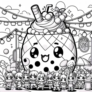 Kawaii characters at a mango-shaped bubble tea stand at a summer festival