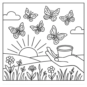 Butterfly release ceremony at sunrise over a meadow coloring page for free printable use