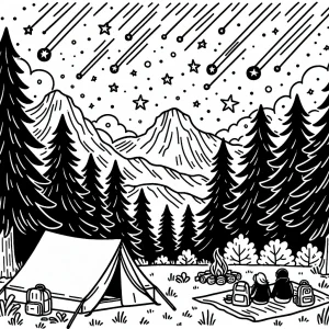 Campsite with tent and pine trees under a meteor shower