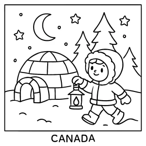 Canada igloo lantern walk coloring page featuring snowy igloos, glowing lanterns, and children walking under the stars