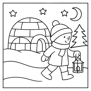 Canadian Igloo Lantern Walk coloring page with children carrying lanterns near igloos under the northern lights for kids to print and color