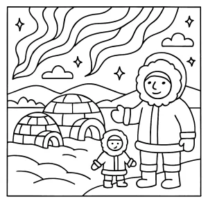 Canadian igloo village with Northern Lights coloring page for kids