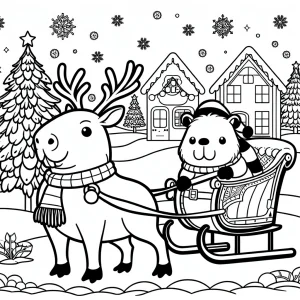 Capybara dressed as a reindeer pulling a sleigh through a snowy village