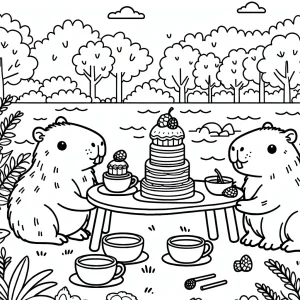 Capybaras enjoying tea with small teacups and a pastry tower by a riverbank