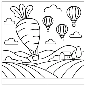 Free printable coloring page of carrot-shaped hot-air balloons floating above the countryside