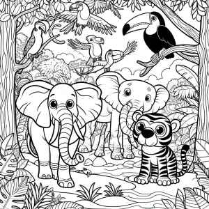 Cartoon jungle animals including a lion, monkey, elephant, and parrot in a lively rainforest scene for coloring.
