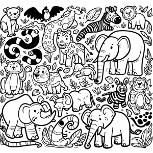 Cartoon jungle animals including a lion, monkey, and parrot ready to be colored