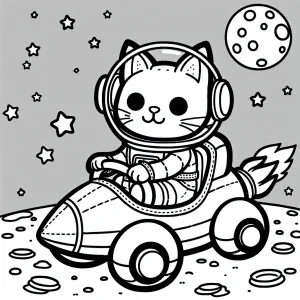 Cat astronaut piloting a cartoon rocket car on the moon surface coloring page