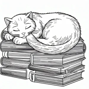 Cat curled up sleeping on a stack of books coloring page