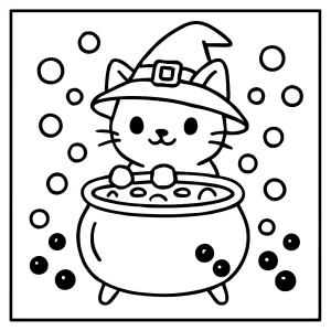 Witch cat brewing bubble tea in a cauldron with tapioca pearls floating - coloring page