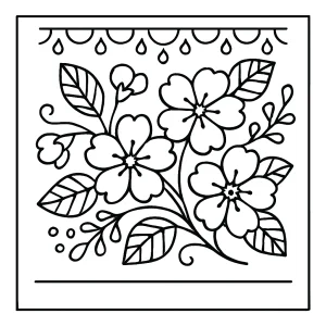 Cherry blossom folk embroidery motif coloring page featuring intricate floral patterns for free coloring and printing.