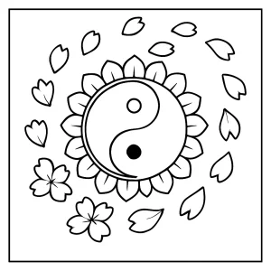 Cherry blossom petals spiraling into a yin-yang mandala coloring page, printable and free for kids and adults.