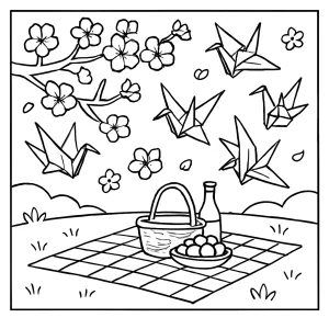 Cherry blossom picnic with origami cranes coloring page, printable scene for kids