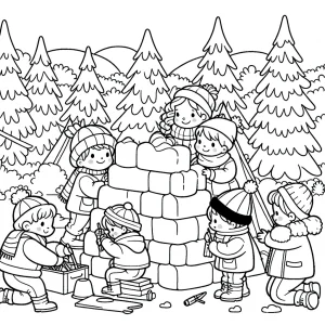 Children building a snow fort together in winter