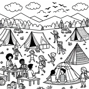 Children camping in tents under the stars coloring page