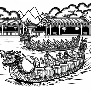 Chinese dragon boat racing on river with drums