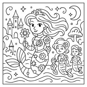 Clockwork Mermaid Parade coloring page featuring steampunk mermaids in an enchanted underwater realm, free printable design for kids