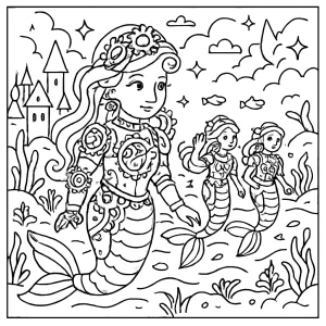 Clockwork Mermaid Parade coloring page with enchanted realm and steampunk mermaids for free printable coloring fun
