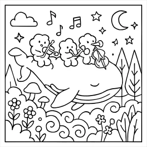 Cloud Whale Orchestra coloring page with magical whales playing instruments in an enchanted sky for kids to print and color.