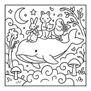 Cloud Whale Orchestra coloring page with musical whales in an enchanted realm, free printable for kids