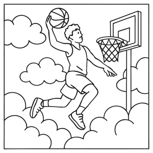 Cloud City Basketball Dunk coloring page featuring a player soaring above cloud skyscrapers for a slam dunk