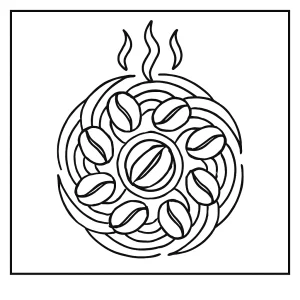 Coffee bean swirl mandala coloring page with aroma waves, relaxing outline, free printable