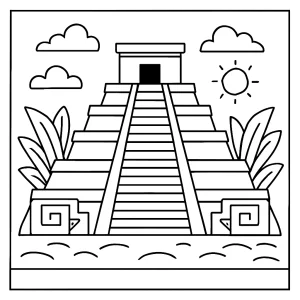 Aztec temple coloring page printable featuring a detailed ancient pyramid for kids and adults