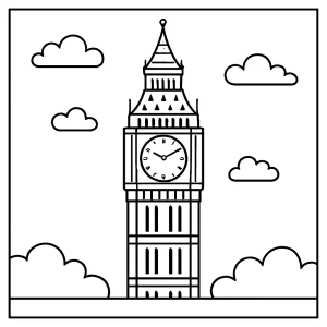 Big Ben coloring page featuring London's famous clock tower for kids and adults to print and color
