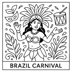 Brazil Carnival celebration coloring page with dancers, costumes, and festive parade for children to print and color