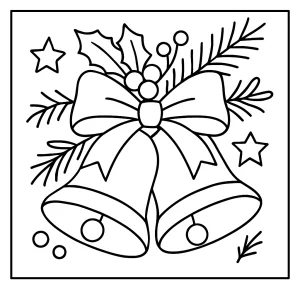 Christmas bells coloring page featuring festive bells with ribbons and holly, free printable for kids and families