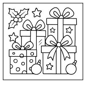 Página para colorear de regalos de Navidad, ideal para imprimir y que los niños pinten durante las fiestas