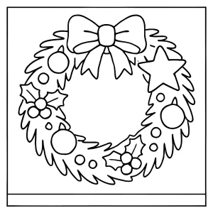 Christmas wreath coloring page with ribbons and ornaments for kids to print and color
