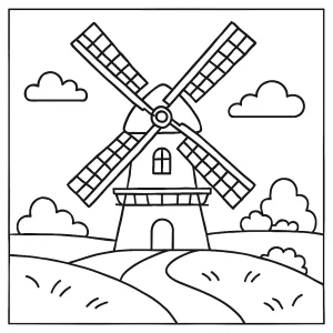 Dutch windmill coloring page with a classic windmill scene for kids to print and color